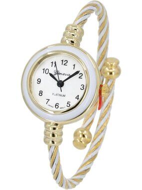 Women's White Gold Analog Quartz Elegant Cable Cuff Arabic Number Bracelet Watch